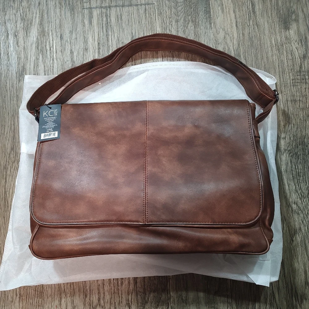 T D Jakes Brown Vegan Leather Messenger Bag Laptop Business